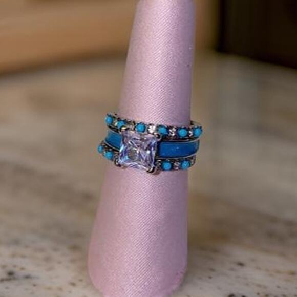 New 3-ring set Sz 6 Silver Turquoise Solitaire Band Stone Native Layered - Picture 7 of 8